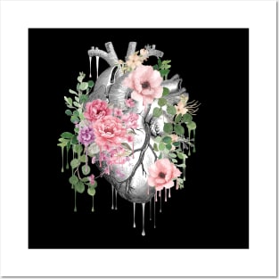 Heart Human Anatomy pink flowers and green leaves Posters and Art